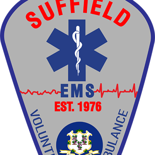 Patch with "Suffield Volunteer Ambulance" text and "EMS Est. 1976" in the center. Features a blue Star of Life and a red heartbeat line. The Connecticut state emblem is at the bottom.