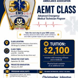 Flyer for Suffield Volunteer Ambulance Association's 50th anniversary AEMT Course, featuring class info, tuition ($2,100), dates, program highlights, and contact details for Christopher Johnston. Blue and gold theme with ambulance badge logo.