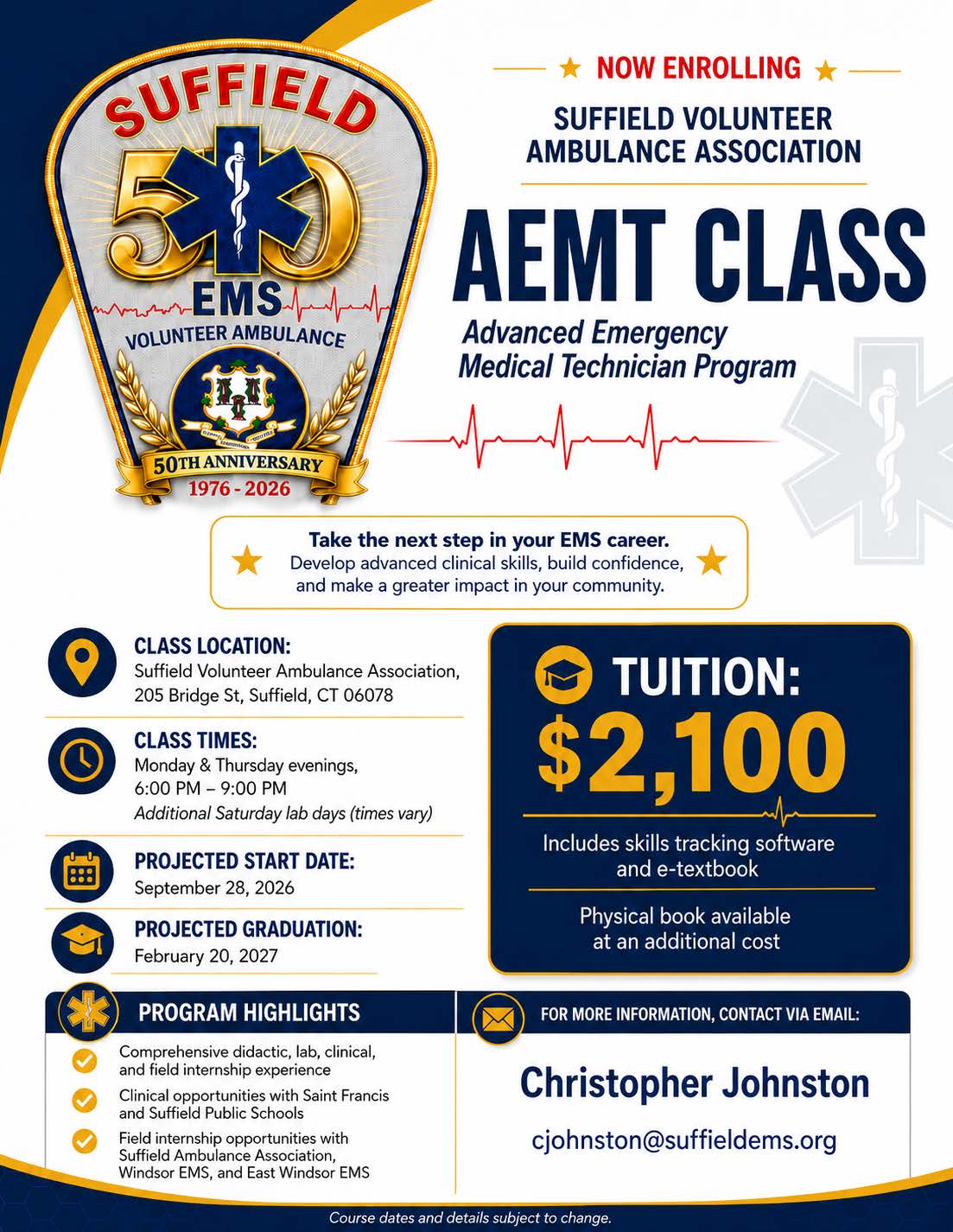 Flyer for Suffield Volunteer Ambulance Association's 50th anniversary AEMT Course, featuring class info, tuition ($2,100), dates, program highlights, and contact details for Christopher Johnston. Blue and gold theme with ambulance badge logo.