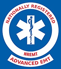 Logo of the Nationally Registered Advanced EMT. It features a blue star of life with the Rod of Asclepius in the center, surrounded by a white circle. The text "Nationally Registered" and "Advanced EMT" is written in red around the circle.