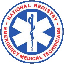 Logo of the National Registry of Emergency Medical Technicians. It features a blue Star of Life with a Rod of Asclepius in the center, surrounded by a red and blue circular frame with text.