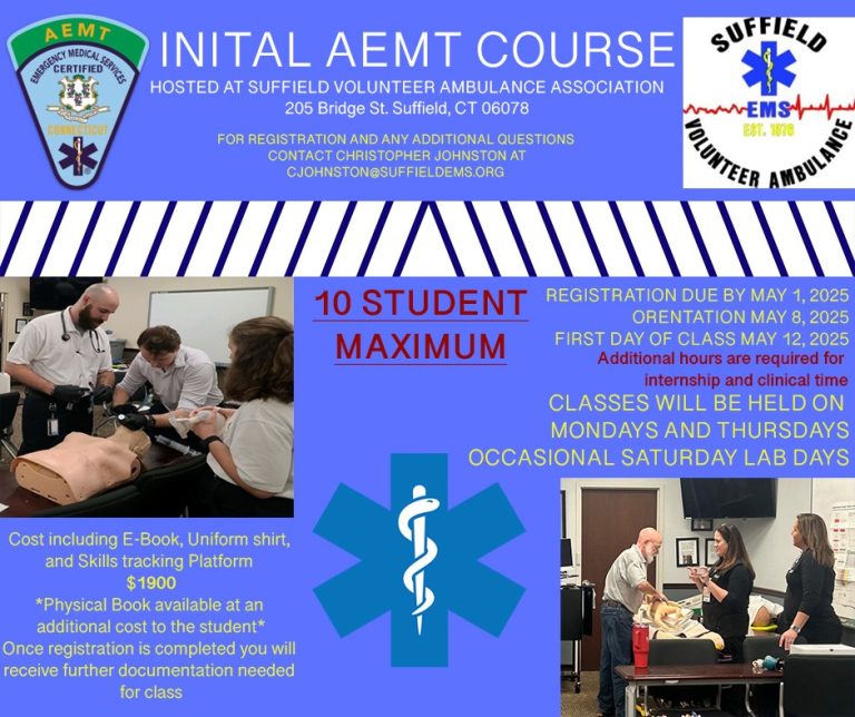 Join the Initial AEMT Course by Suffield Volunteer Ambulance Association. Limited to 10 students, it offers an e-book, uniform, skills platform, and detailed schedule. Dive into engaging training with text details and vibrant images capturing the essence of hands-on learning.