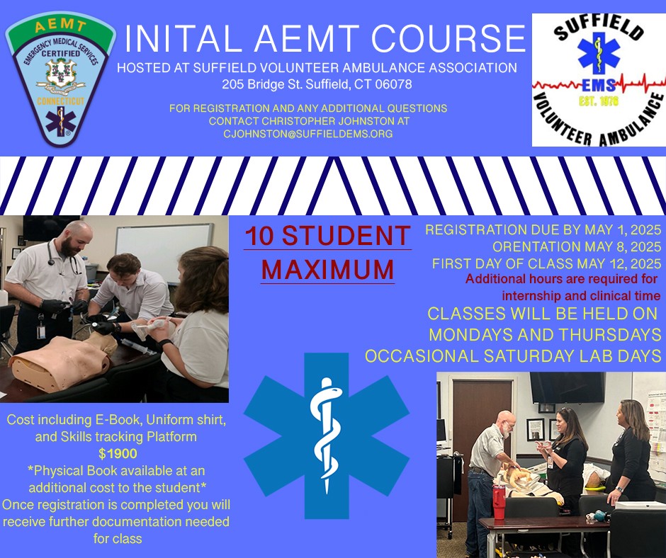 Join the Initial AEMT Course by Suffield Volunteer Ambulance Association. Limited to 10 students, it offers an e-book, uniform, skills platform, and detailed schedule. Dive into engaging training with text details and vibrant images capturing the essence of hands-on learning.