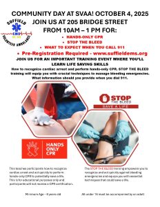 Flyer for "Community Day at SVAA" on October 4, 2025, advertising hands-only CPR and Stop the Bleed training. Includes images of CPR and bleeding control, event details, and registration information.