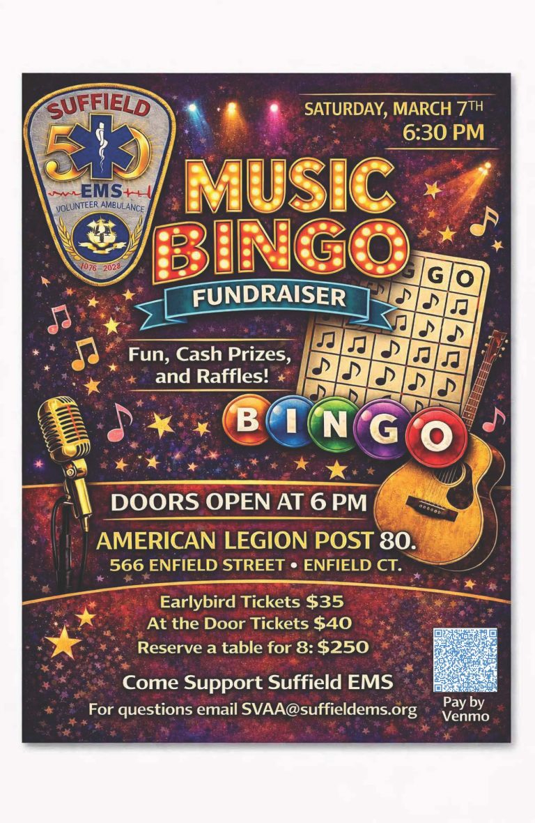 A colorful flyer for a "Music Bingo Fundraiser" by Suffield EMS with event details, a bingo card, guitar, and microphone images, and info on ticket prices, date, location, and how to pay or reserve.