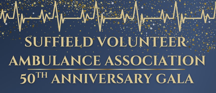 Navy background with gold confetti, an EKG line, and text: “Suffield Volunteer Ambulance Association 50th Anniversary Gala.”.